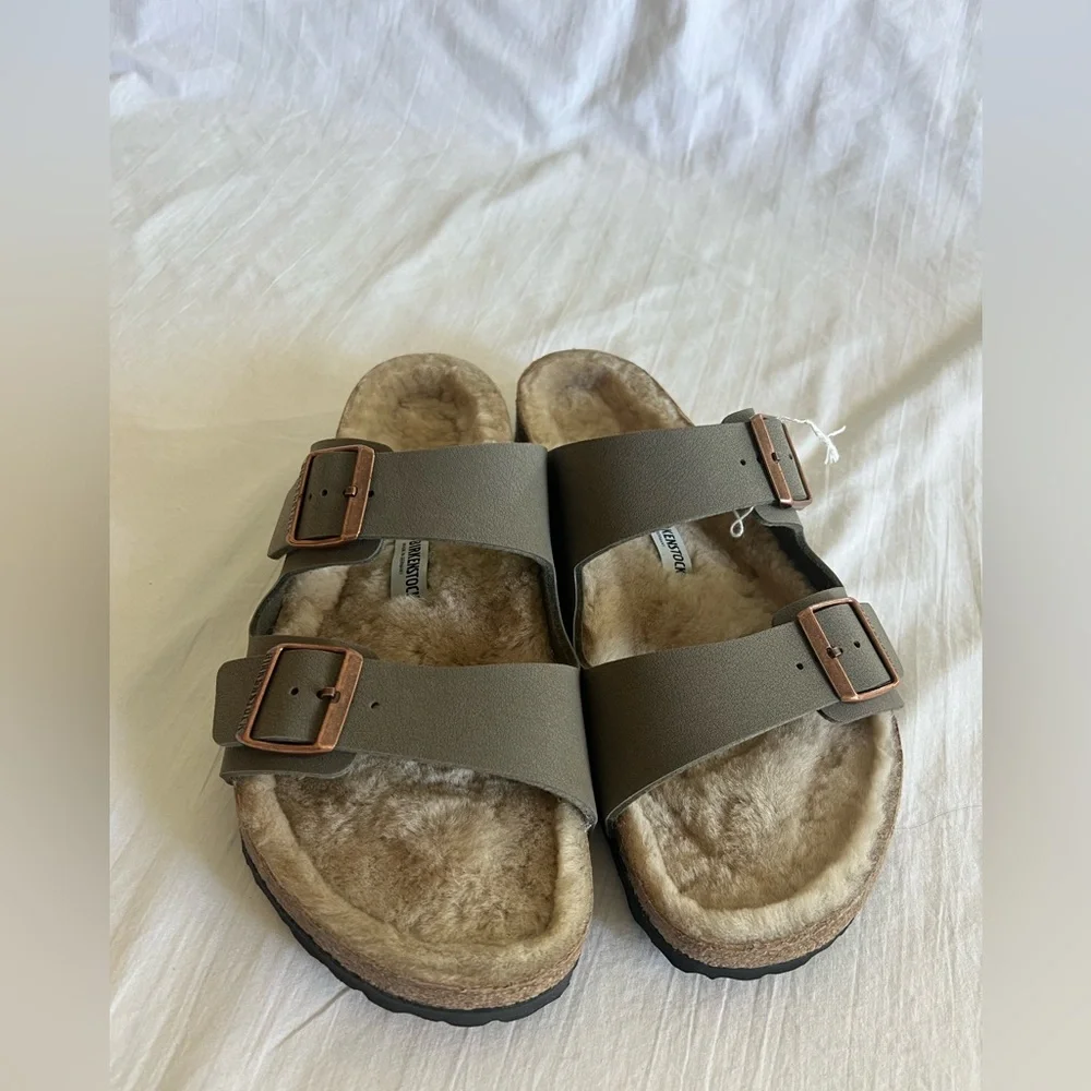 New Birkenstock Arizona shearling sandals mens 11 11.5 eu 44 taupe suede